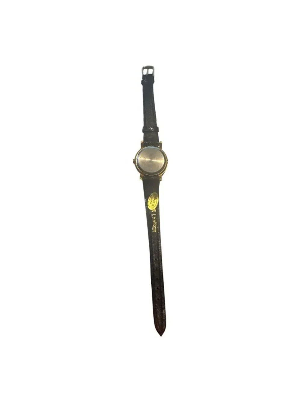 Vintage Mickey Mouse Watch With Roman Numerals & Black Leather Band Gold-Tone Ca